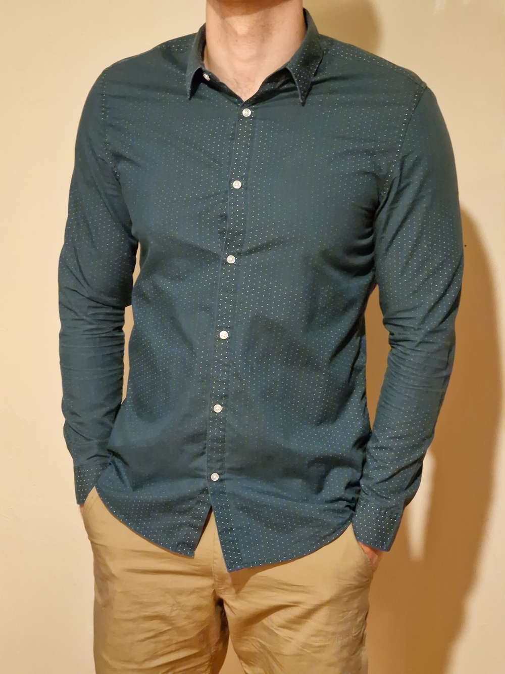 Men's Slim Fit Dark Teal Dotted Button-Down Shirt